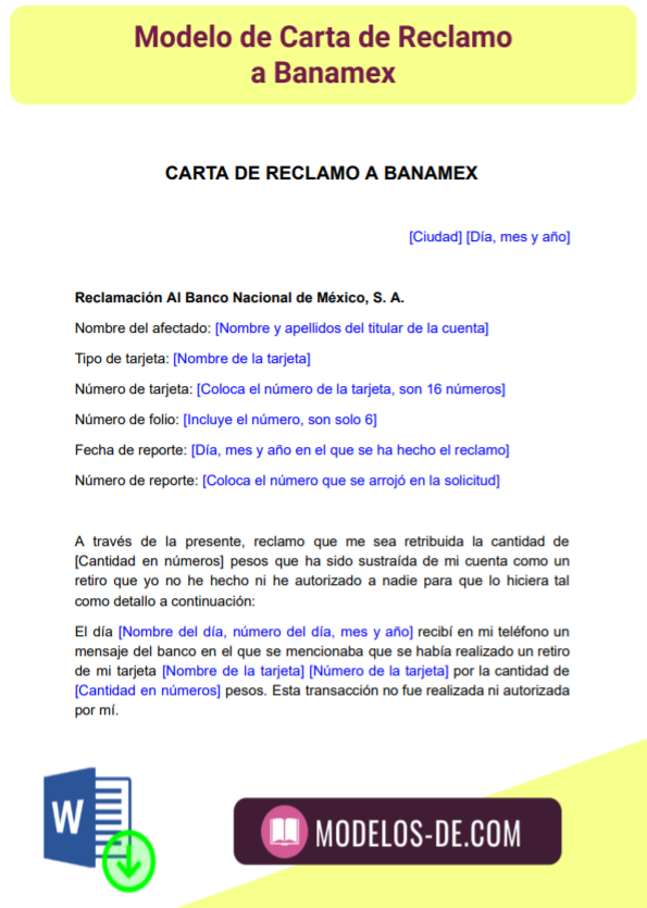 ▷ Carta de reclamo a Banamex en Word | Descarga Gratis