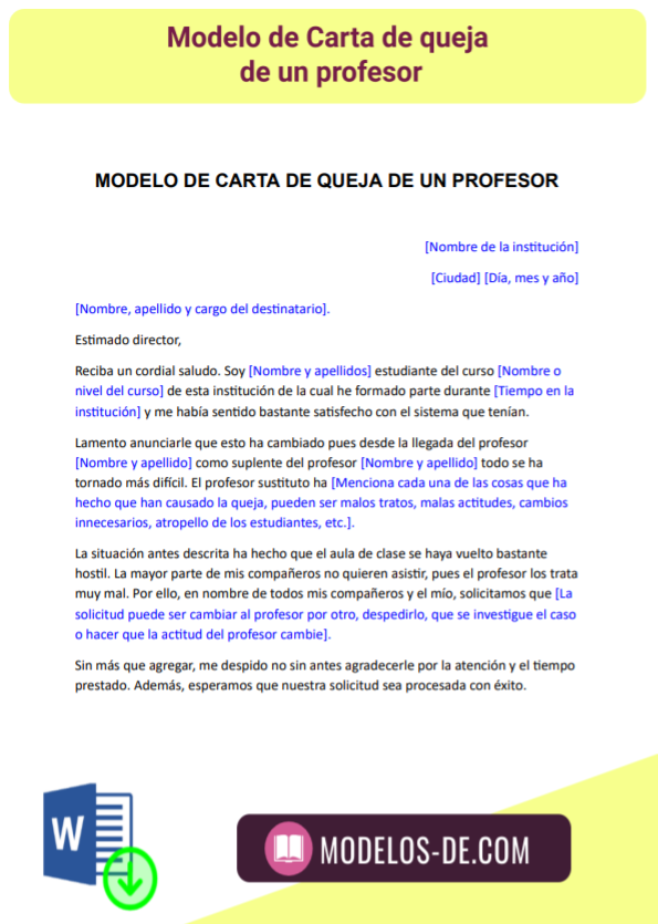 ▷ Modelo de Carta de queja de un profesor en Word | Gratis
