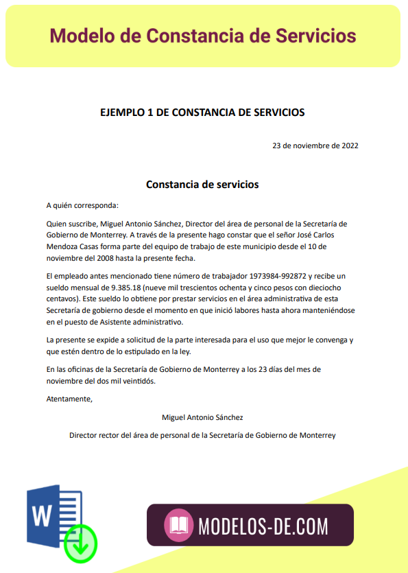 Ejemplos De Cartas De Constancia De Servicios En Word 4085