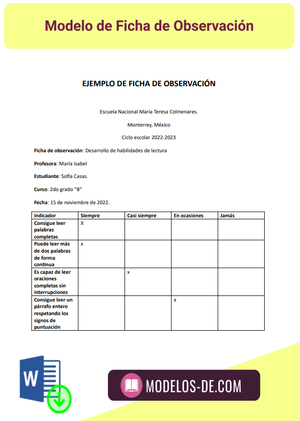 Ejemplo y Modelo de Ficha de observación en Word | Gratis