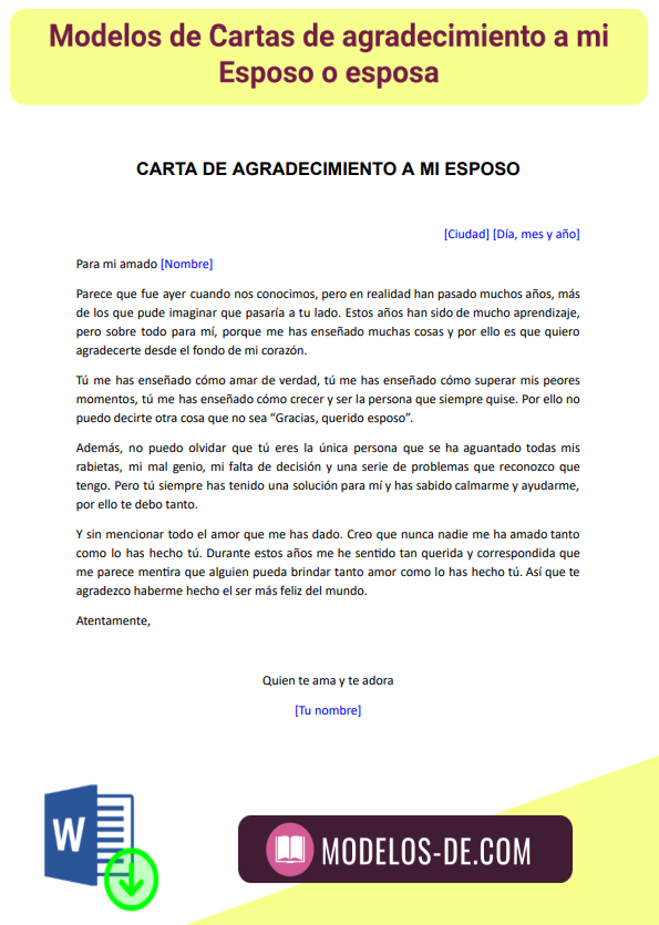 Modelos de Cartas de agradecimiento para Esposo/a en Word