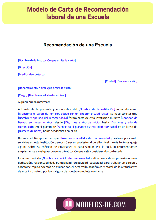 Carta de Recomendación laboral de una Escuela en Word