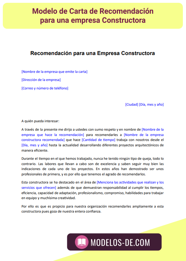 Carta de Recomendación para una empresa constructora (Word)