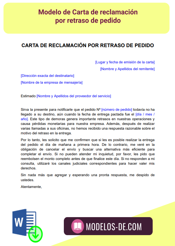 Carta De Reclamación Por Retraso De Pedido En Word | Gratis