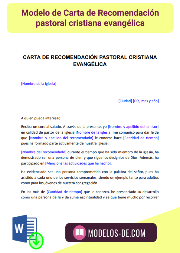 Modelo de Carta de recomendación pastoral en Word | Gratis