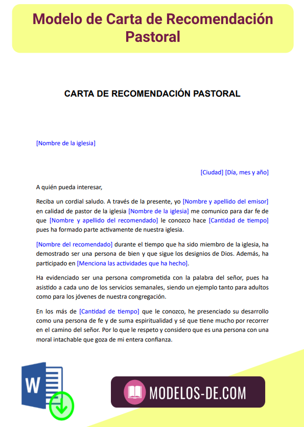 Modelo de Carta de recomendación pastoral en Word | Gratis