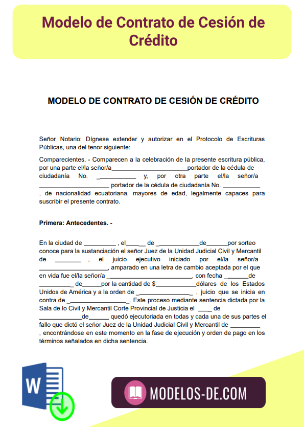 ▷ Modelo de Contrato de cesión de crédito en Word | Gratis