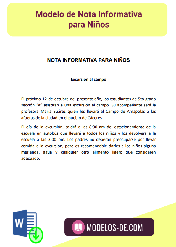 Modelo De Nota Informativa Para Niños En Word Gratis 0257